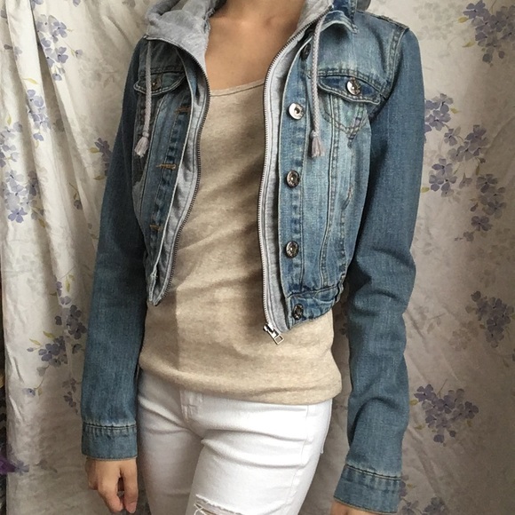 jean jacket with gray hoodie
